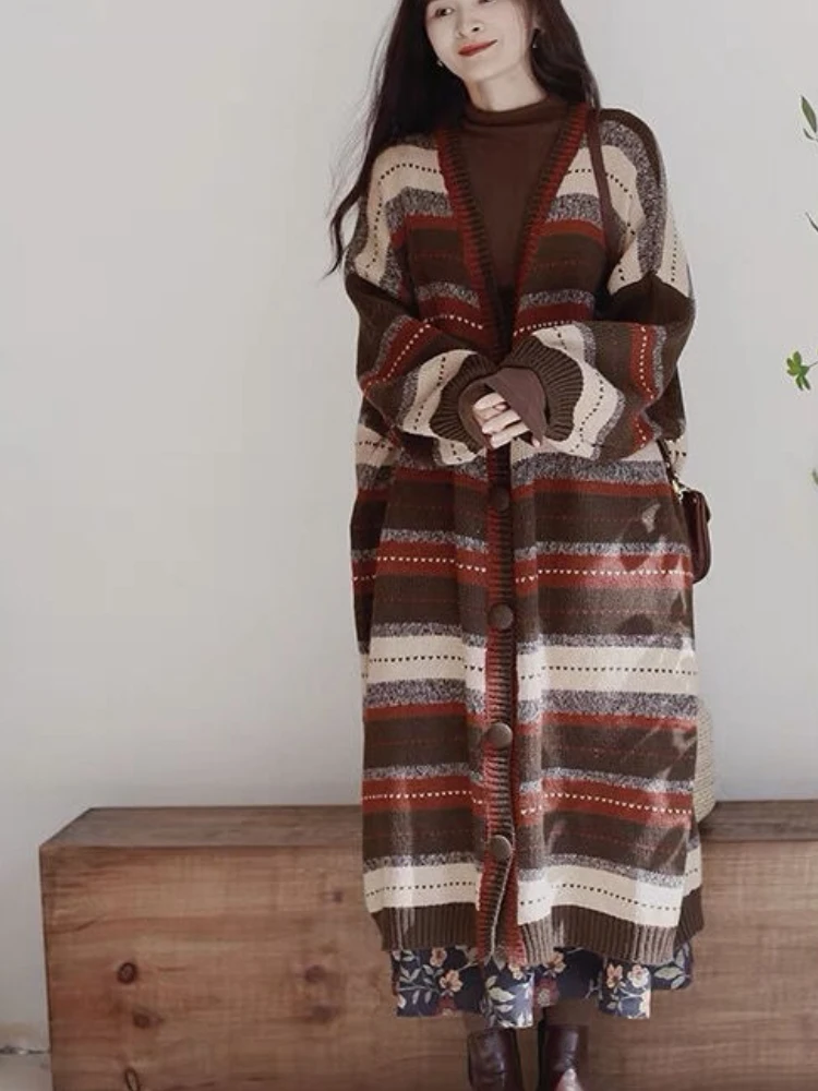 

Japanese Vintage Long Cardigan V Neck Single Breasted Striped Contrast Color Sweaters Fashion Lazy Style 2025 Women's Clothing