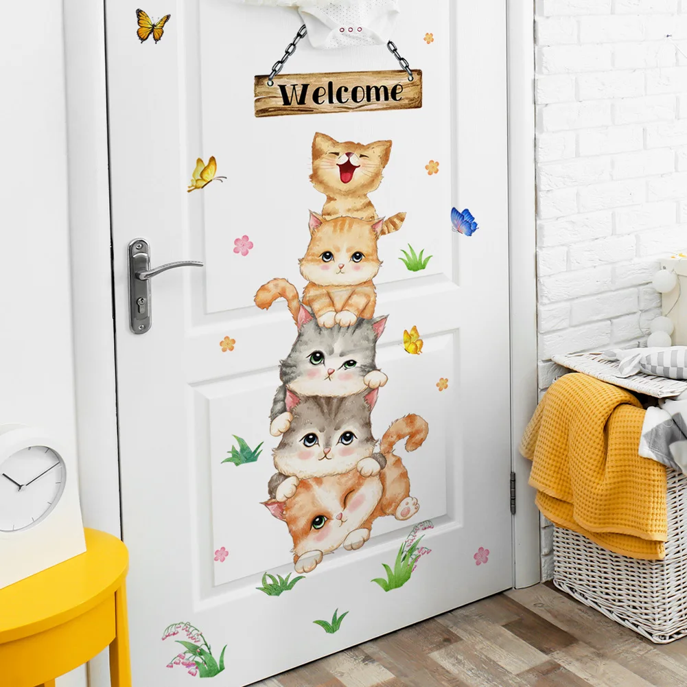 Autocollant Mural de bienvenue à cinq chats, papier peint auto-adhésif, décoration de porte de chambre d\'enfant, décoration de maison