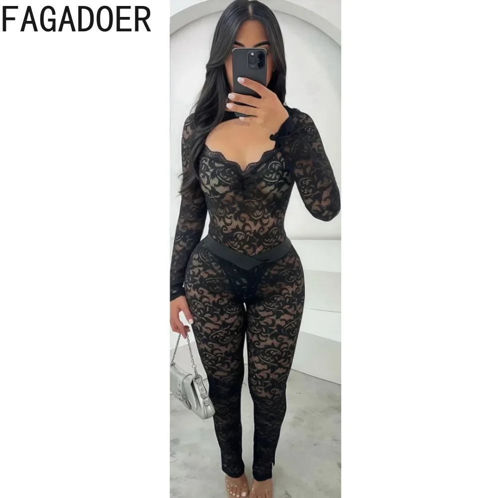 FAGADOER-Ensemble sexy en dentelle pour femmes, 2 pièces, amissié, transparent, pantalon et leggings, tenue de boîte de nuit, streetwear, nouvelle collection