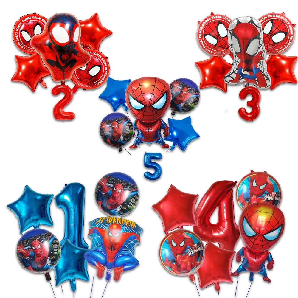6 unids/set MINISO Spider Man superhéroe tema Globos de aluminio decoración de fiesta de cumpleaños 32 pulgadas número Ángel bola aire Globos juguete para regalo