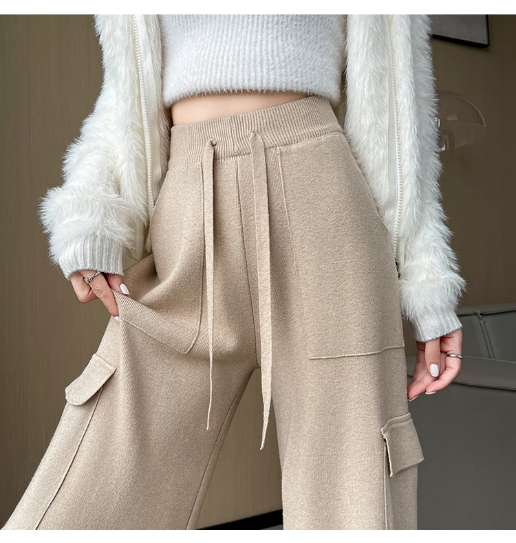 

Knitted workwear pants for women in autumn and winter: new high waisted slim casual pants with straight legs and wide legs