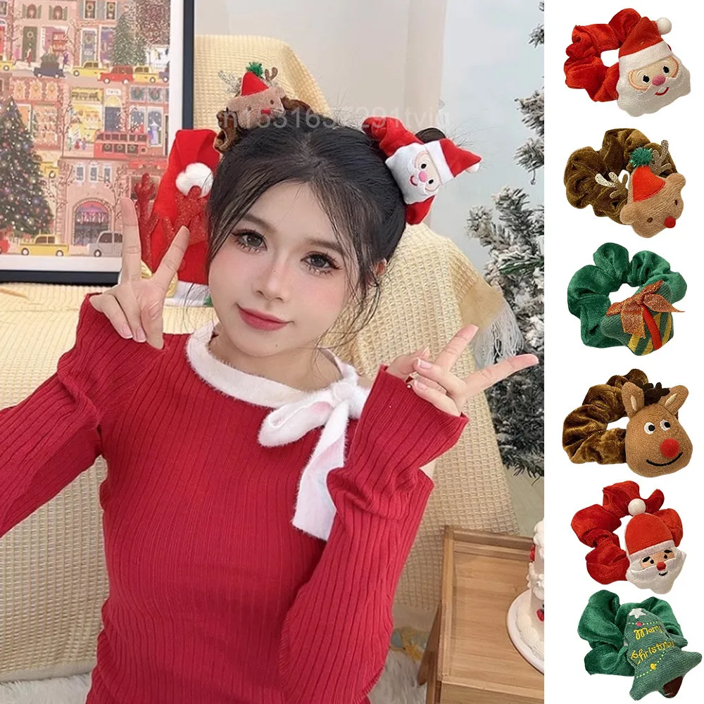 Christmas Cartoon Plush Hair Rope For Women Girls Flannel Ponytail Holder Hair Ties Santa Claus Elk Velvet Hair Accessories