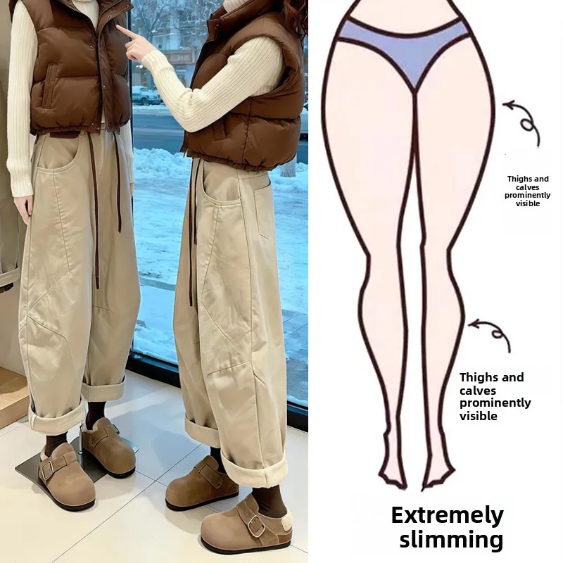 

Fashionable Fleece Lined Wide Leg Pants Autumn Winter plus Size Slimming Nine Point Dad Pants Casual High Waist Straight Cut