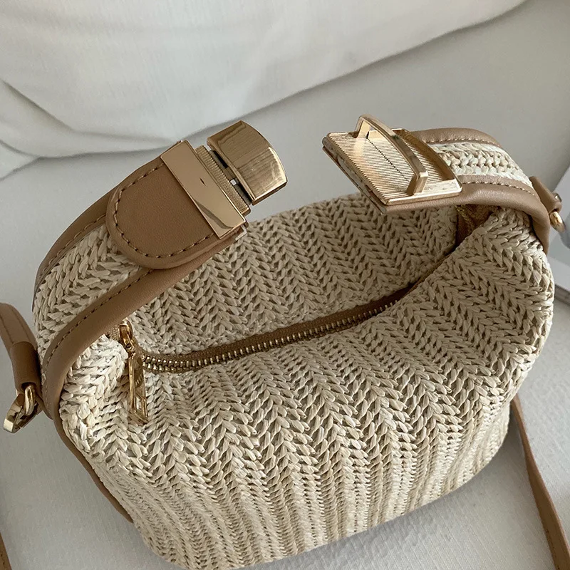 Bolso cruzado de hierba Beige tejido para mujer, bolso bohemio chic, bolso de hombro de paja de ganchillo, bolso de playa de verano, bolso de