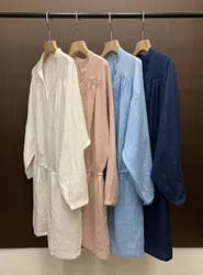 Women's Dress 2024 New Spring Summer Linen Solid Color V-neck Loose Casual Long Sleeve Robes