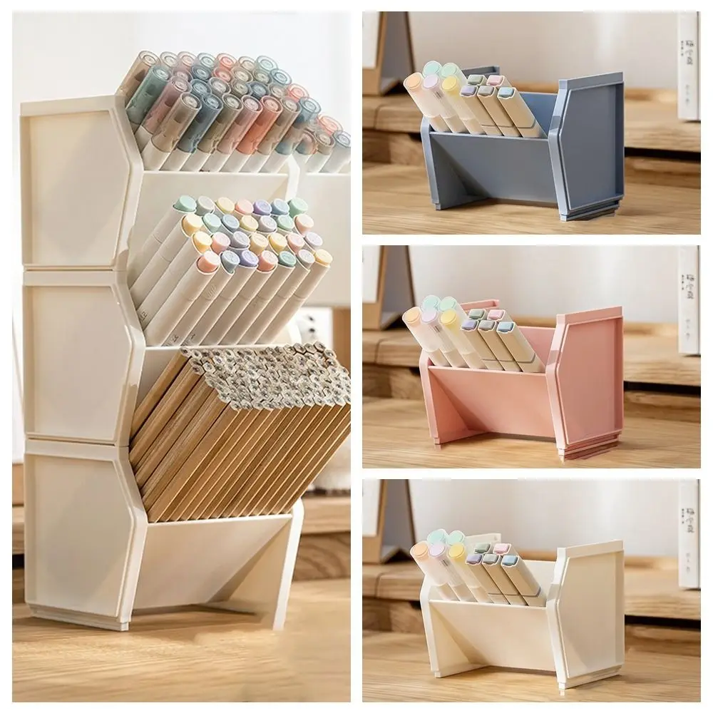 School Supplies Plastic Pencil Holder Quadrate Stackable Pen Container Creative Bevel Insert Stationery Storage Box Student