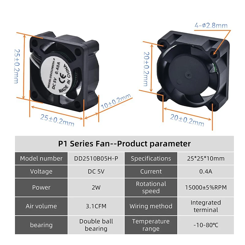 2510 Fan For Bambu Lab X1/P1 Hotend Cooling Fan With Cable Rapid Cooling Fan For Bambu X1C P1S P1P 3D Printer Accessories