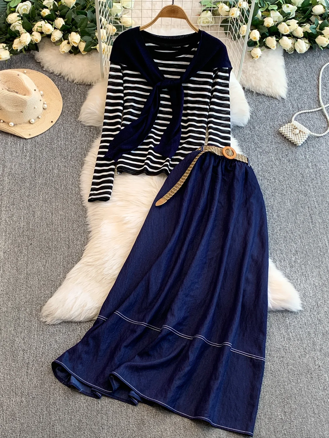 

Модный корейский вязаный топ и овальные шипы, джинсовая юбка с высокой талией, комплект из двух предметов для женщин, осенний сезон, повседневная одежда