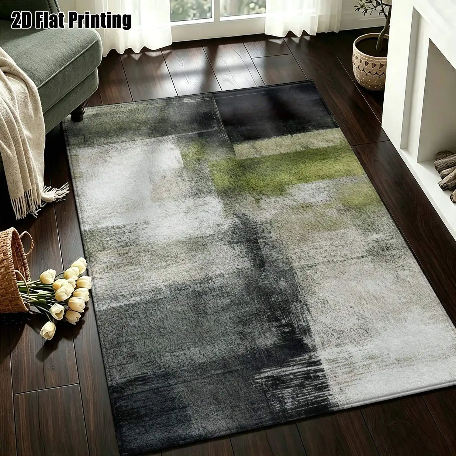 1Pc 2D Printed Gray-Green Abstract Geometric Modern Minimalist Nordic-Style Instagram-Inspired Floor Mat, Home Decor, Multi-Size, Machine Washable, Suitable for Entrance, Dining, Foyer, Bedroom, Living Room