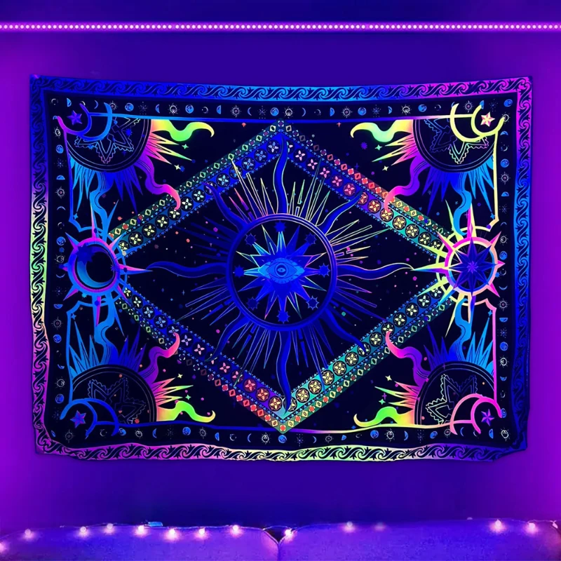 1pc fluorescente burning sun e arazzo a luce nera, arazzo geometrico in stile hippie UV, decorazione della stanza da appendere alla parete