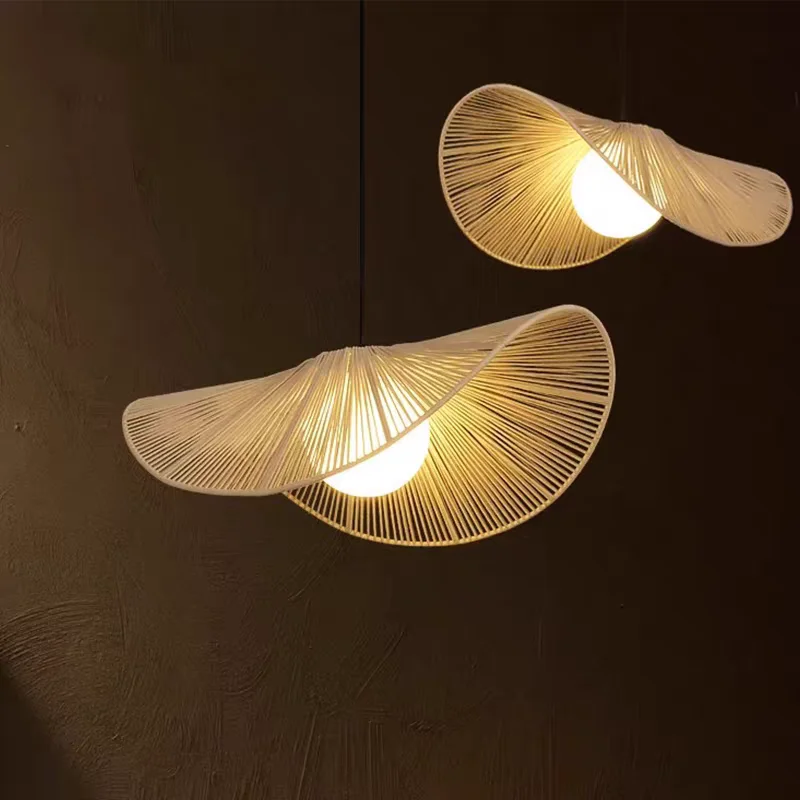 Cream Style Woven Lamp Retro Wabi Sabi Creative Straw Hat Pendant Light for Restaurant Bedroom Cotton and Linen Hanging Rope