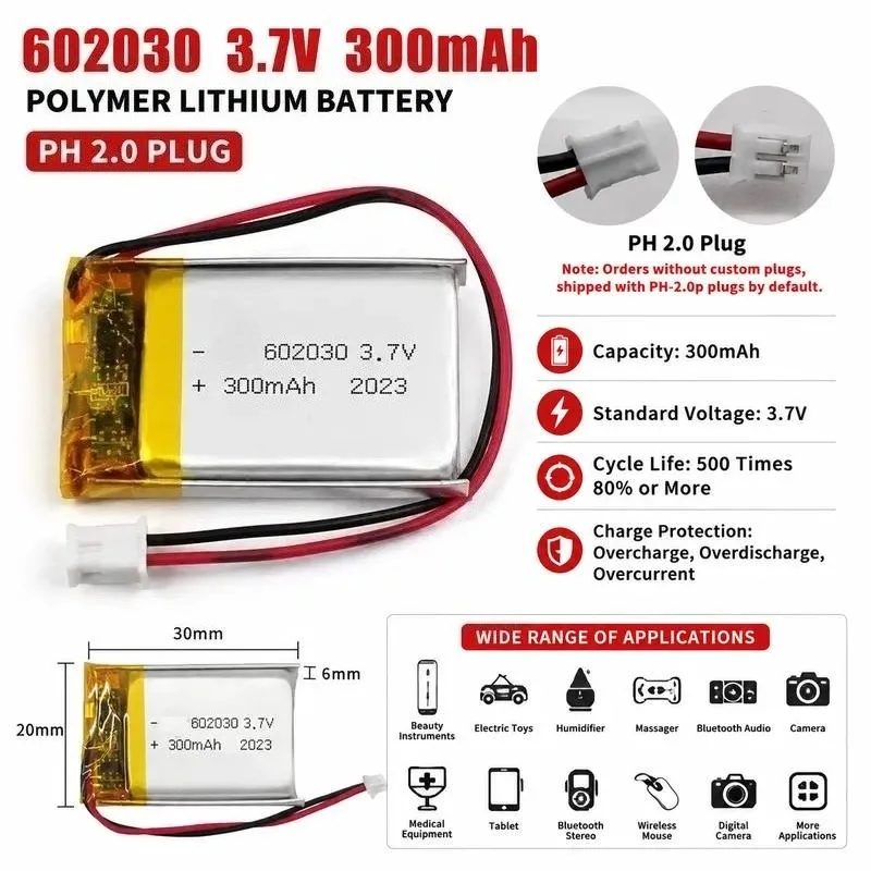 602030 3.7V 300mAh Li-ion Polymer Rechargeable Battery 2pcs for Bluetooth Headset Speaker Monitor Self-timer