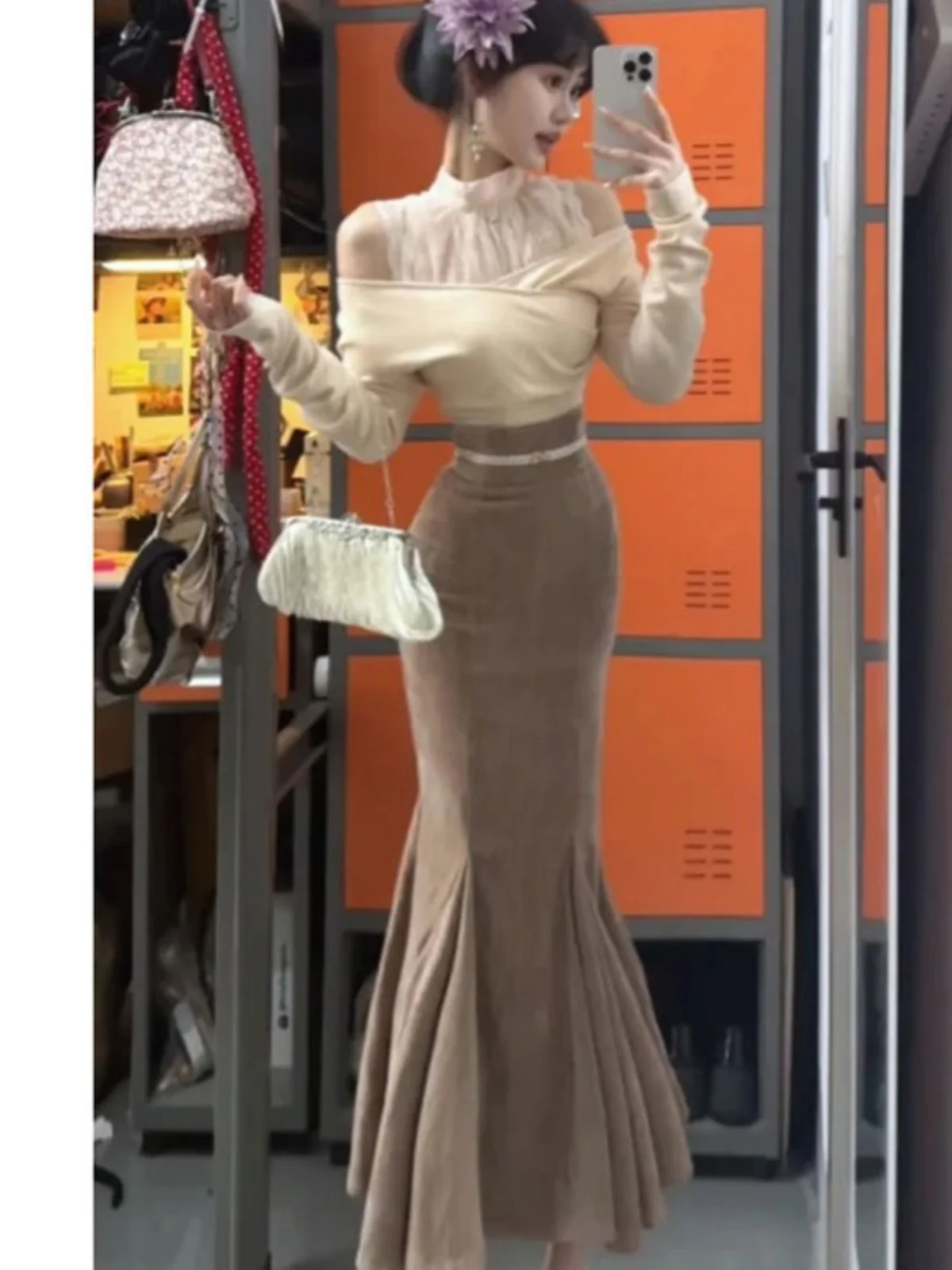 

Ele Two-Piece Set 2026 Trendy Velvet Fi Tail Skirt And irt Combo Cotton Long Sve round Ne Autumn Faion Ensemble