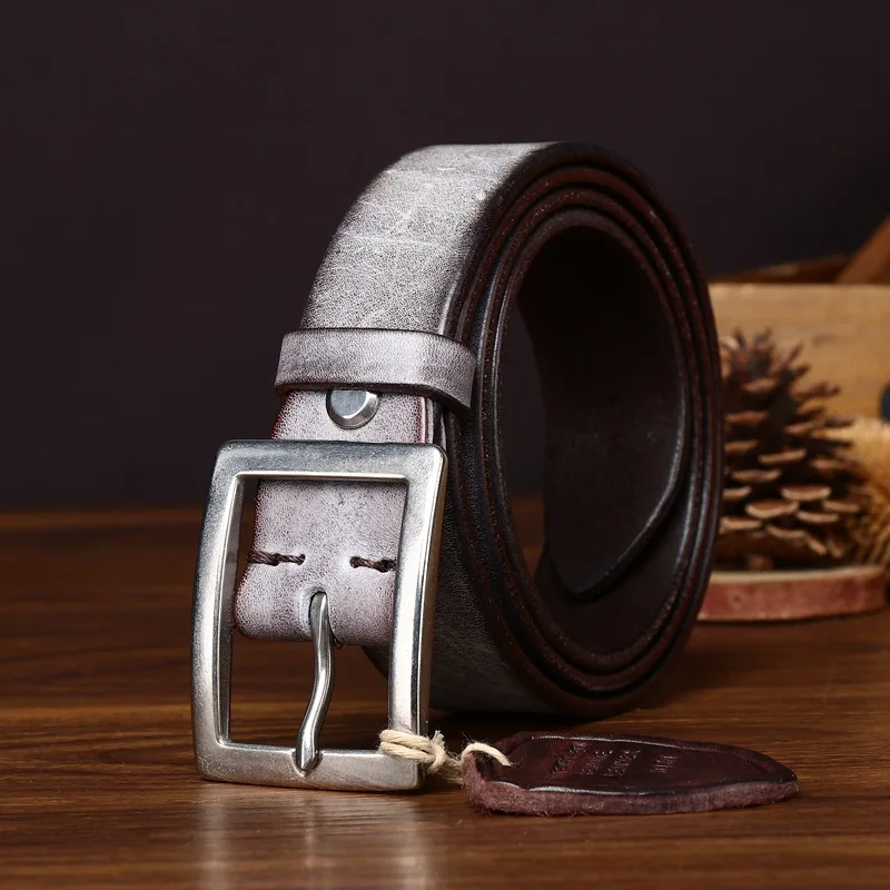 3.3cm High Quality Retro Stainless Steel Buckle Top Grain Genuone Cow Leather Belts For Men Wide Real Leather Cowhide Belt Wide