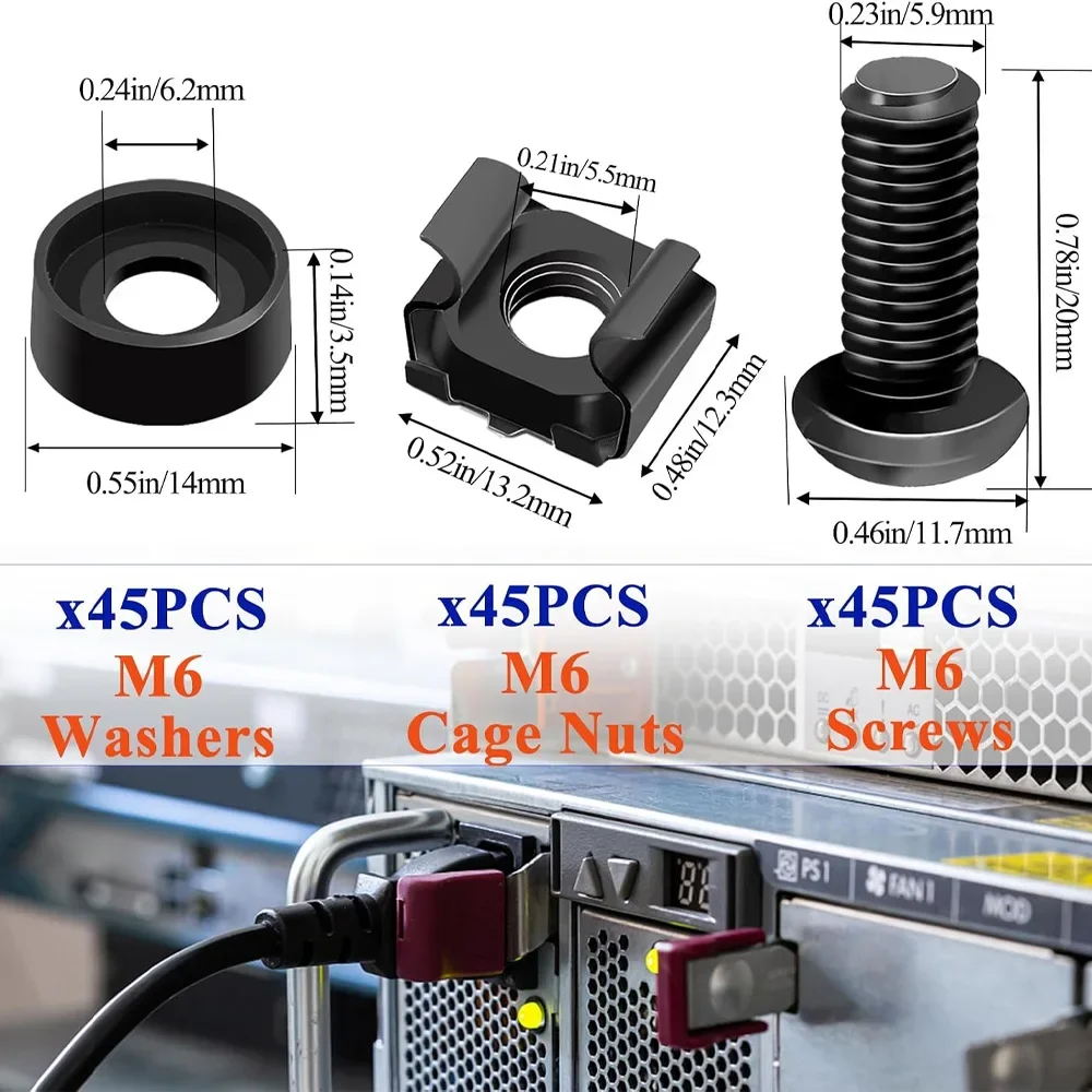 135PCS M6 X 16mm Server Rack Screws and Cage Nuts Set, Black M6 Rack Mount Screws Kit with Washers for 19' Network Cabinet, Patc