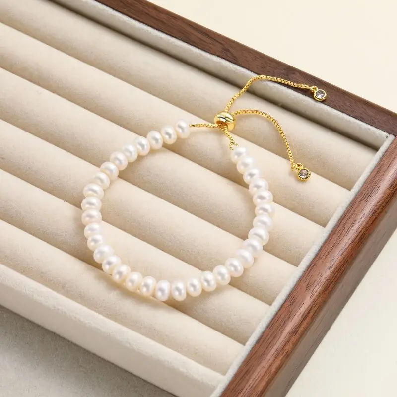 

Natural Freshwater Pearls Bread Round Beads Bracelet Copper Material Chain Fashion Accessories Gift for Women