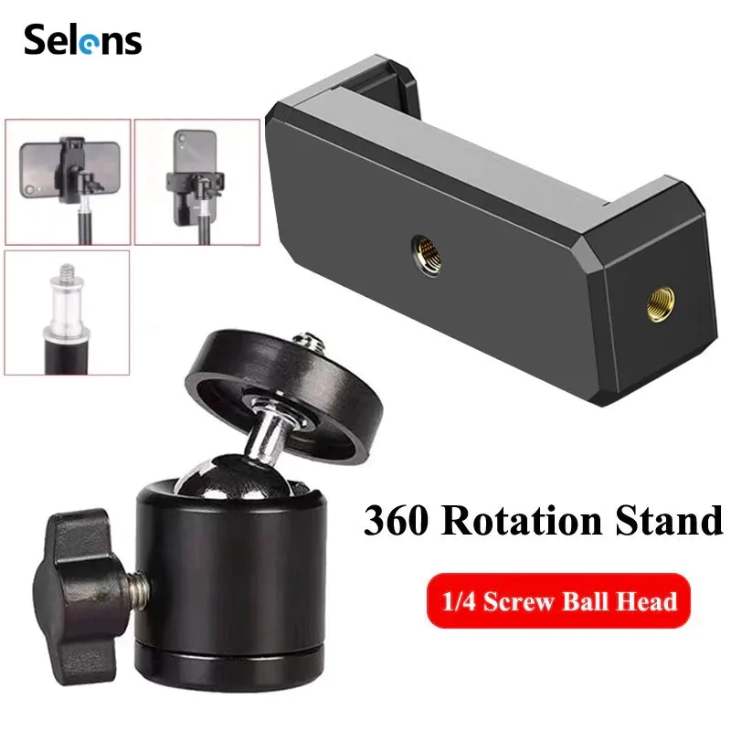 Selens – support universel à Clip pour téléphone portable, Rotation à 360 degrés, vis 1/4, rotule pour trépied monopode