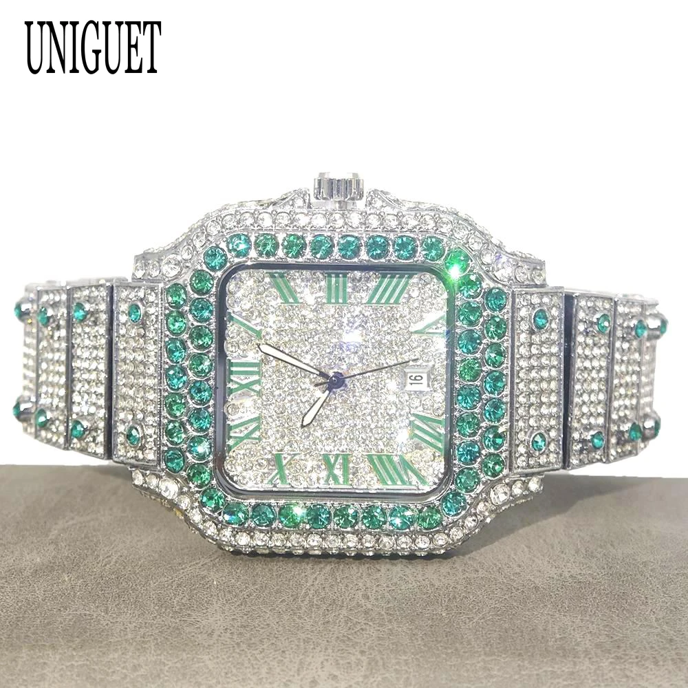 

Горячая распродажа: Мужские кварцевые наручные часы UNIGUET, модные, роскошные, с зелеными кристаллами, римскими цифрами, идеально подходят для вечеринок