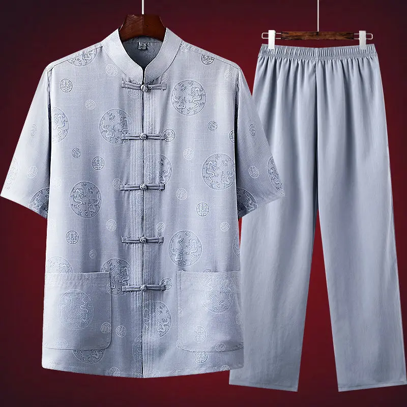 Chinese Traditional Retro Tang Suit Hanfu Embroidered Kung Fu Tai Chi Uniform Summer Short Sleeve Shirt Pants Outwear