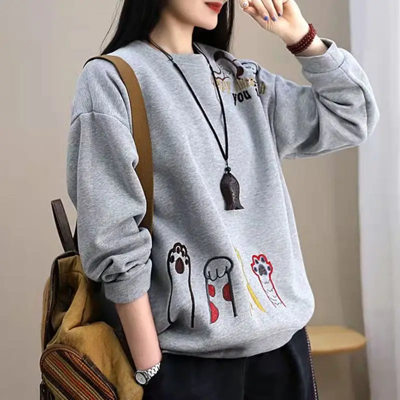 Frauen lustige süße Stickerei lässige Streetwear lose y2k Sweatshirts Herbst Winter Mode Fleece Langarm Pullover Tops