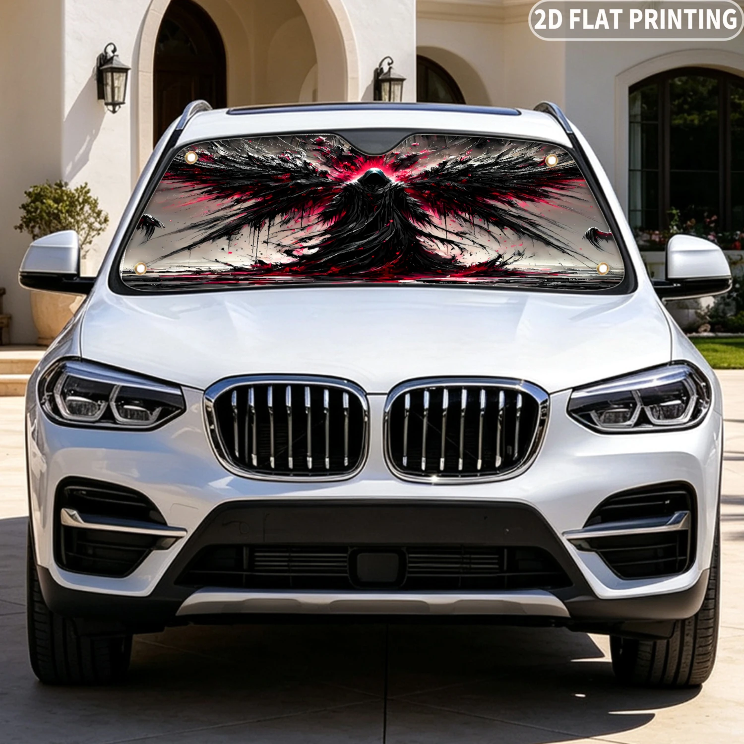 1pc Universal Car Windshield Sunshade, With Red Black Angel Wing Design 2D FLAT Printing Design, A Sunshade With 4 Suction Cups