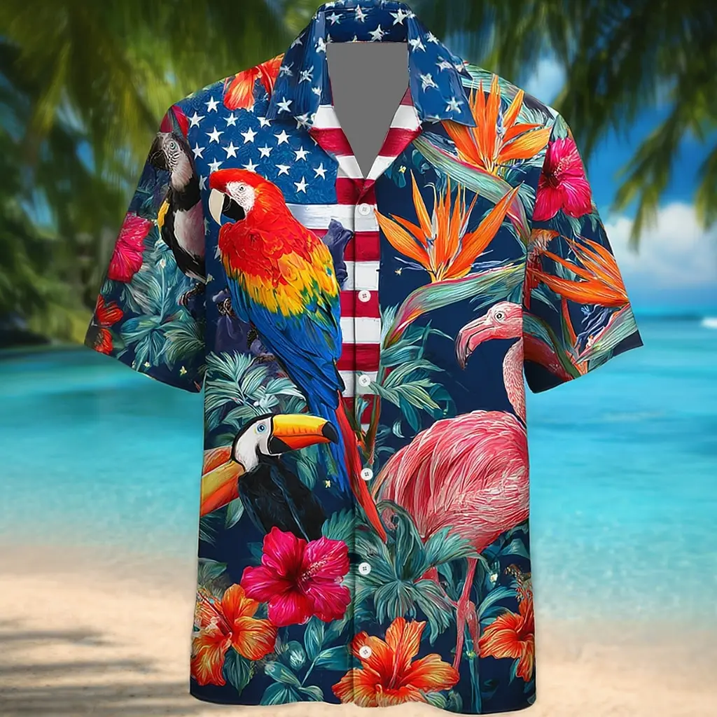 Men's Tropical Parrot & American Flag Print Button Down Shirt, Casual Tops For Spring Summer Beachwear Vacation Occasions