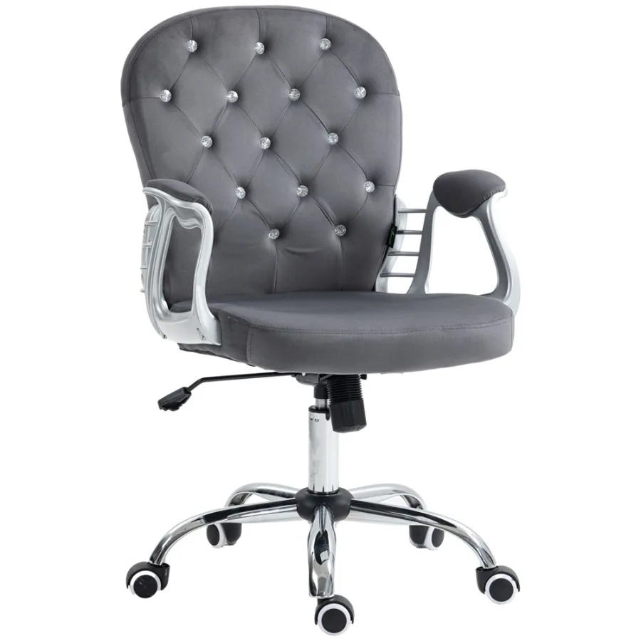 Vinsetto Velvet Home Office Chair Button Tufted Desk Chair with Padded Armrests Adjustable Height and Swivel Wheels Dark Gray