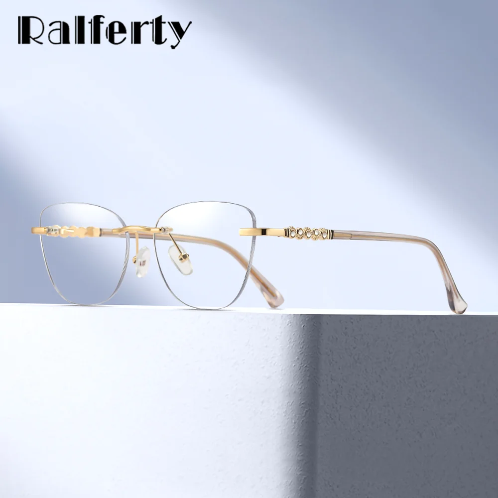 

Ralferty Frameless Metal Eyeglasses Frames Woman Luxury Designer Rimless Eyewear with Crystal Accents Decorative Glasses Female