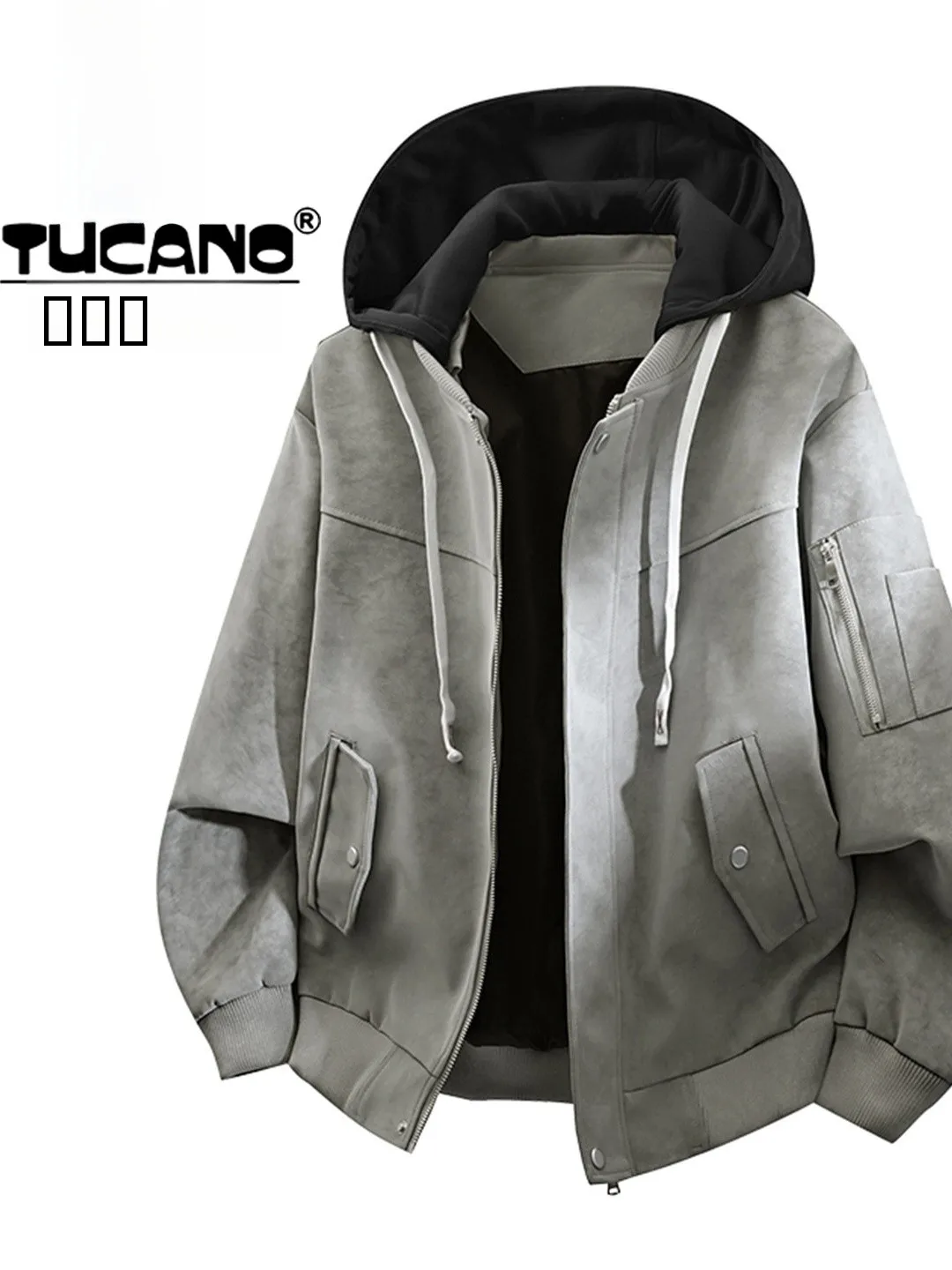 

TUCANO Men's Loose Fit American Style Jacket Fake Two-Piece Spring New Workwear PU Leather Coat Windproof Casual Hooded