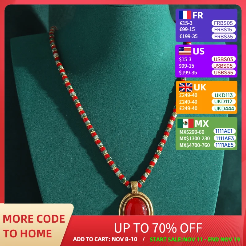 

New Bead Pendant Necklace Antique Jewelry Red Agate Stone Natural Alternate With Green Glass Vintage Accessories For Women