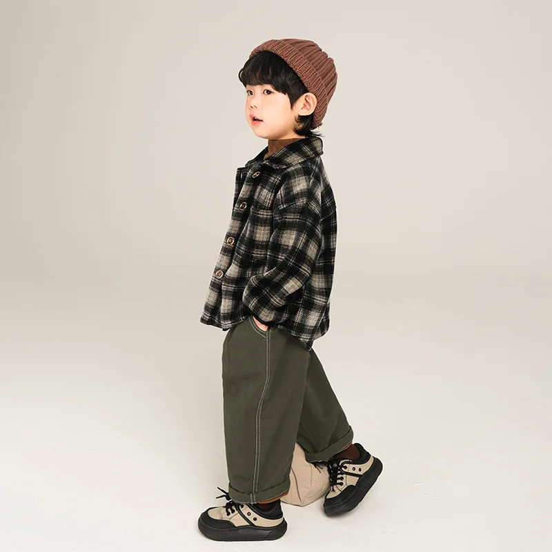 

Kids Baby Boys Woolen Shirt 2025 Winter Plaid Turn Down Collar Thick Warm Blouses Casual Versatile Children 1-8Y Boys T-shirt