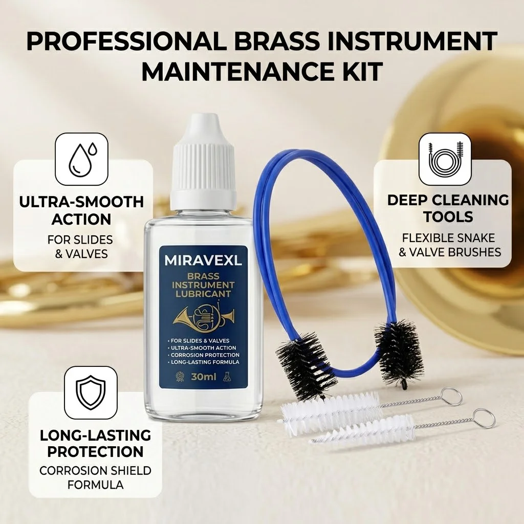 Brass Instrument Lubricant & Brush Set, Valve Slide Oil for Trumpet Trombone French Horn, Smooth Lubrication Anti‑Corrosion