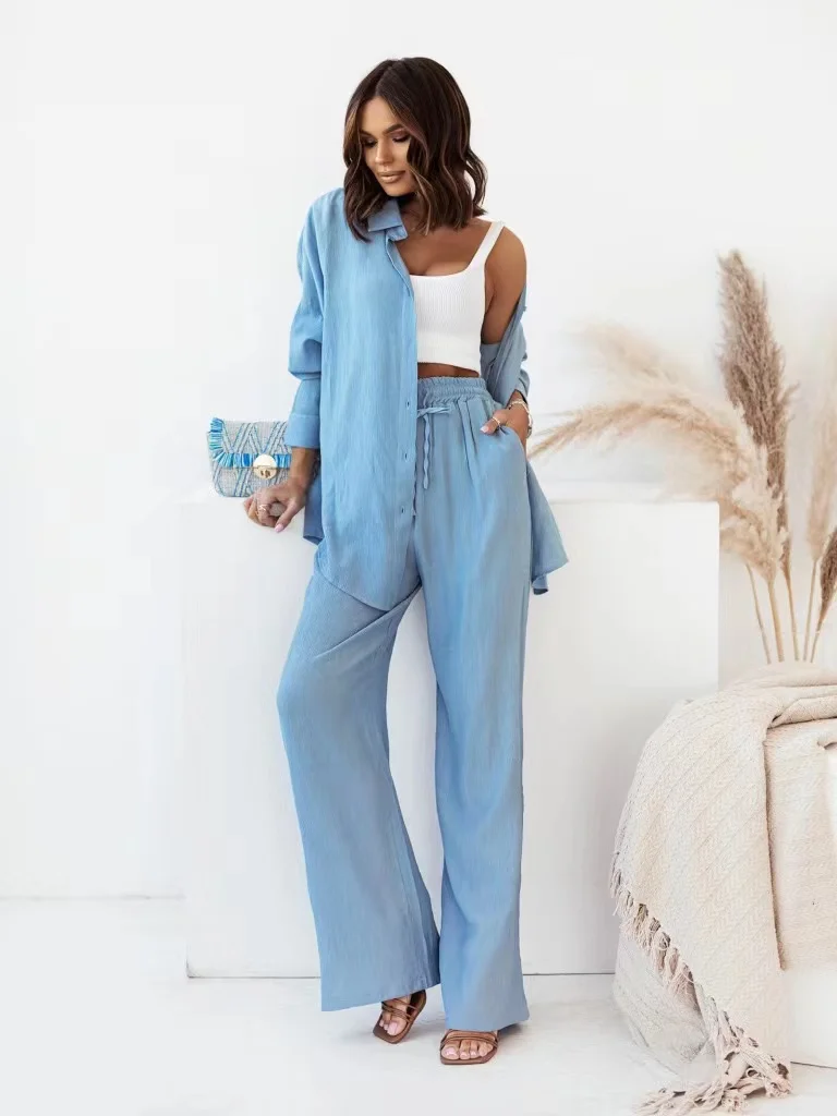 2023 Spring Autumn Trouser Suit Set for Women Office Wear Chic Shirts Two Piece Suit Women Elegant Wide Pants Outfits Tracksuit