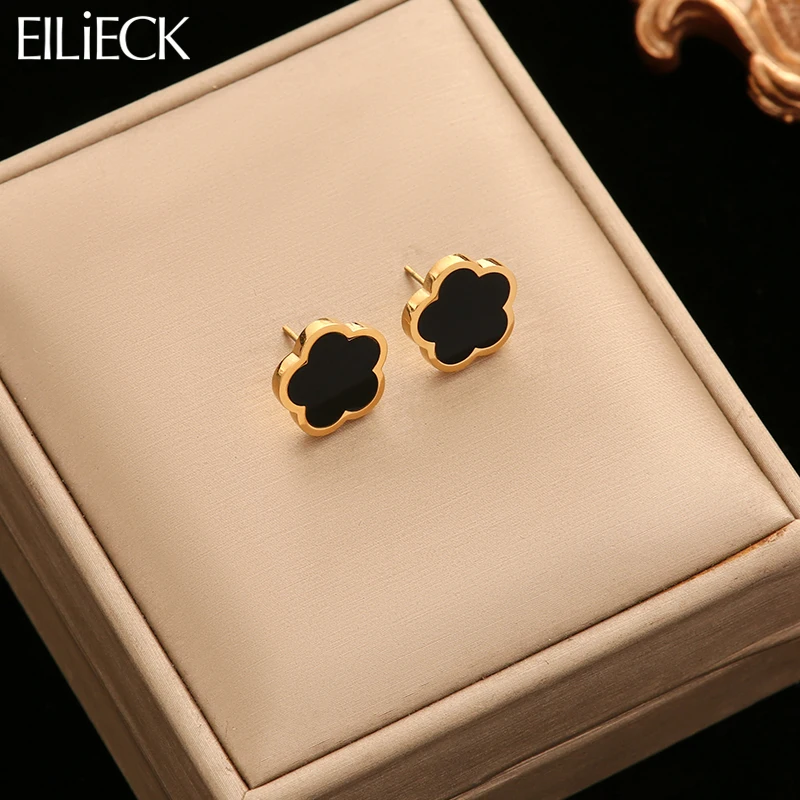 EILIECK 316L Stainless Steel Black 5-Leaf Flower Stud Earrings For Women Personality Charm Fashion Clover Ear Jewelry Girls Gift