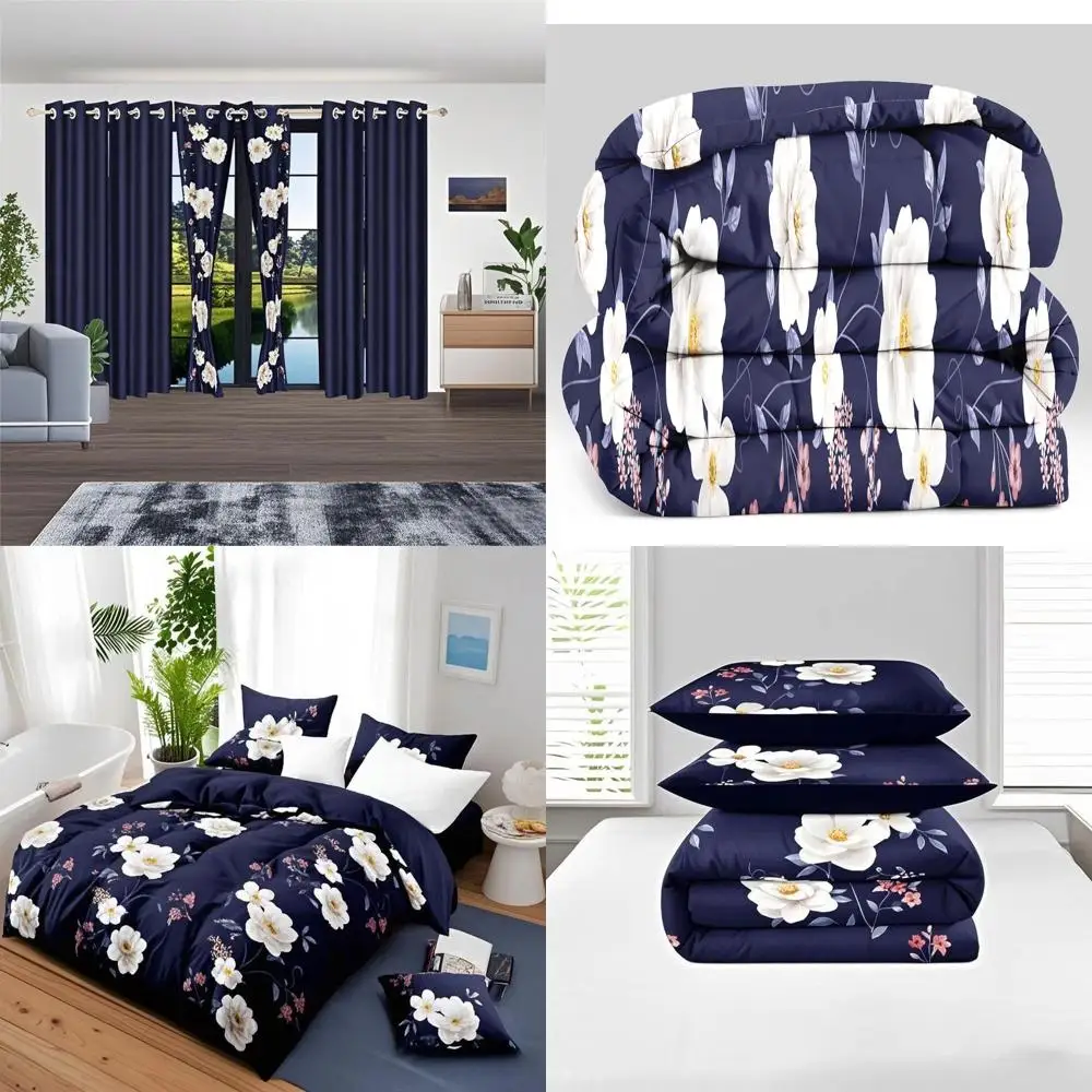 

Комплект постельного белья Queen Size с темно-синим цветочным принтом и шторами, можно стирать в машине, идеально подходит для свадеб и фестивалей