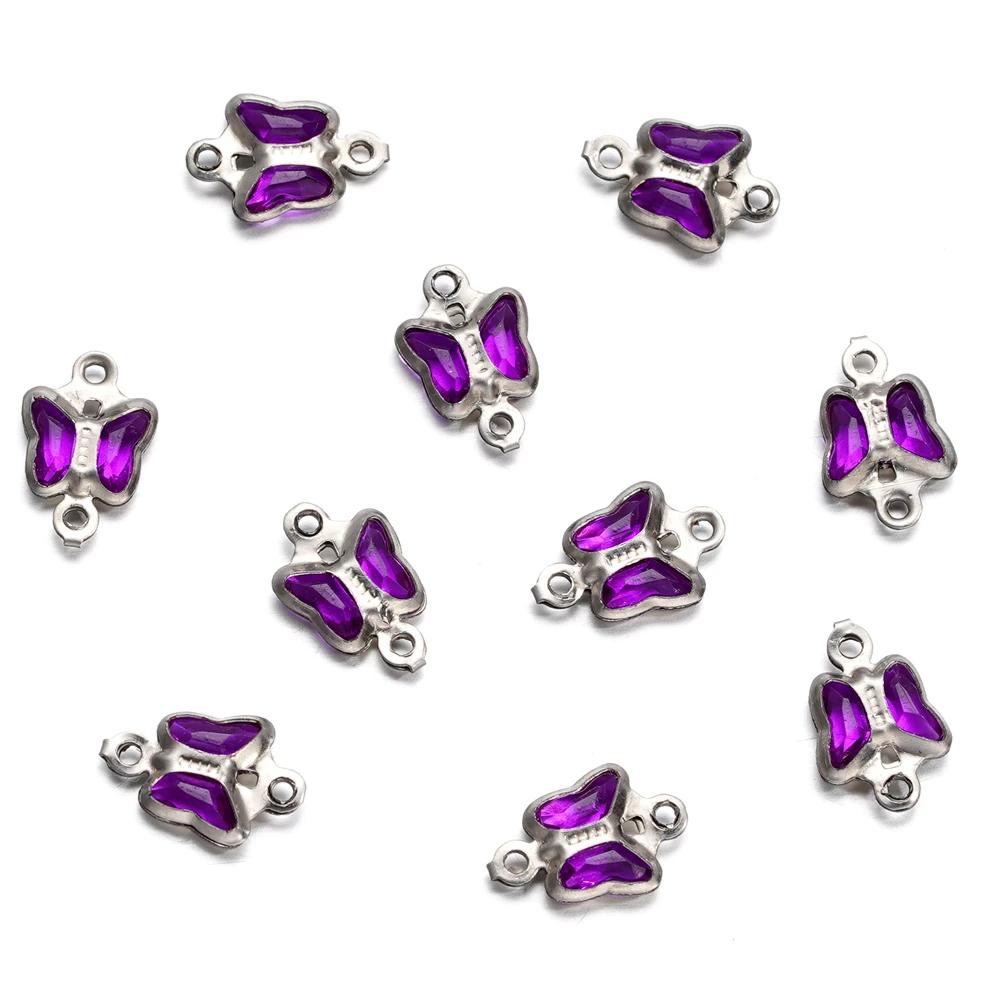 10pcs 7mm Stainless Steel Double Holes Butterfly with Rhinestones Bracelet Necklace Pendants Connectors for DIY Jewelry Making