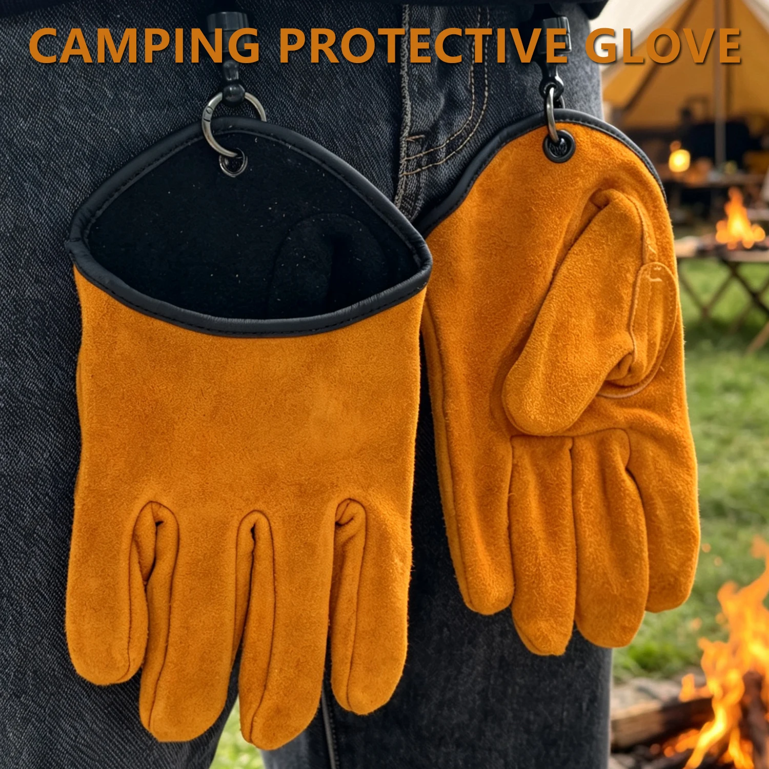 Camping Fire Pit Gloves Orange Cowhide Heat Resistant Anti-Scald Gloves for BBQ Grilling Outdoor Use   Gardening Camping Woodwor