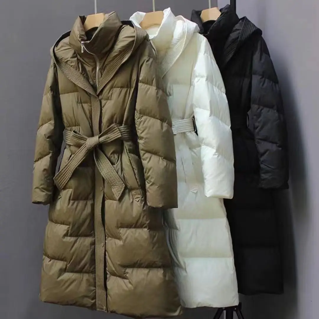 2024 Fashion Winter Fall Women High Waisted Black Beige White Duck Down Feather Coat , Woman Warm Hooed Middle Length Coats