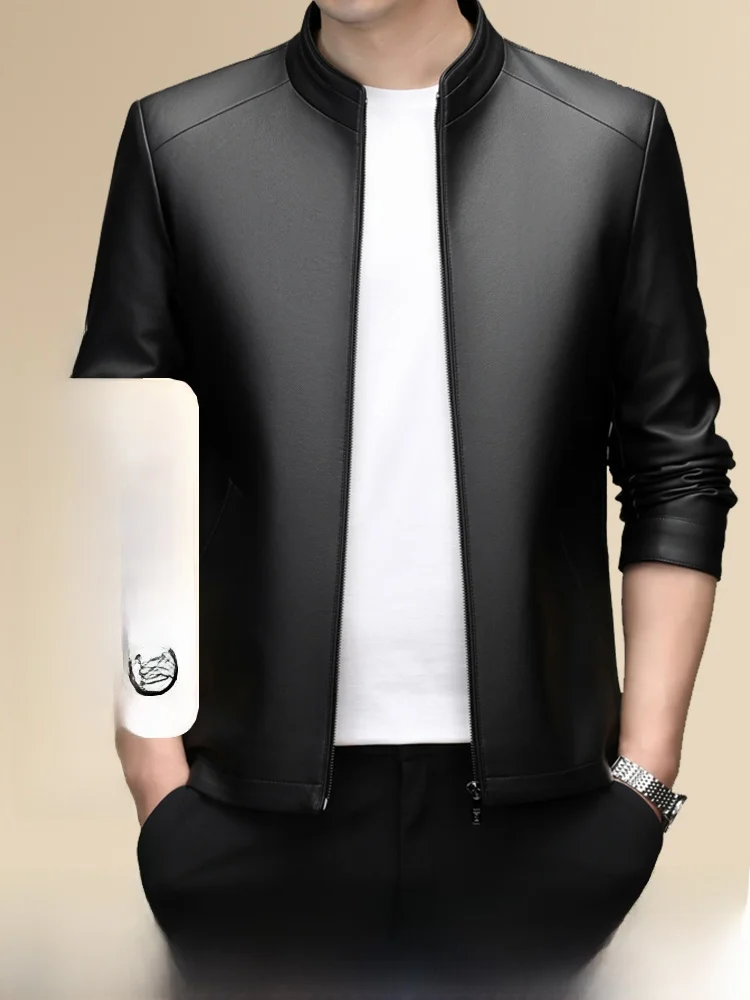 

Autumn Winter Handmade Real Leather Jaet Men's Top Layer eepskin Thiened Stand Collar Fce Lined Warm Busin Casual