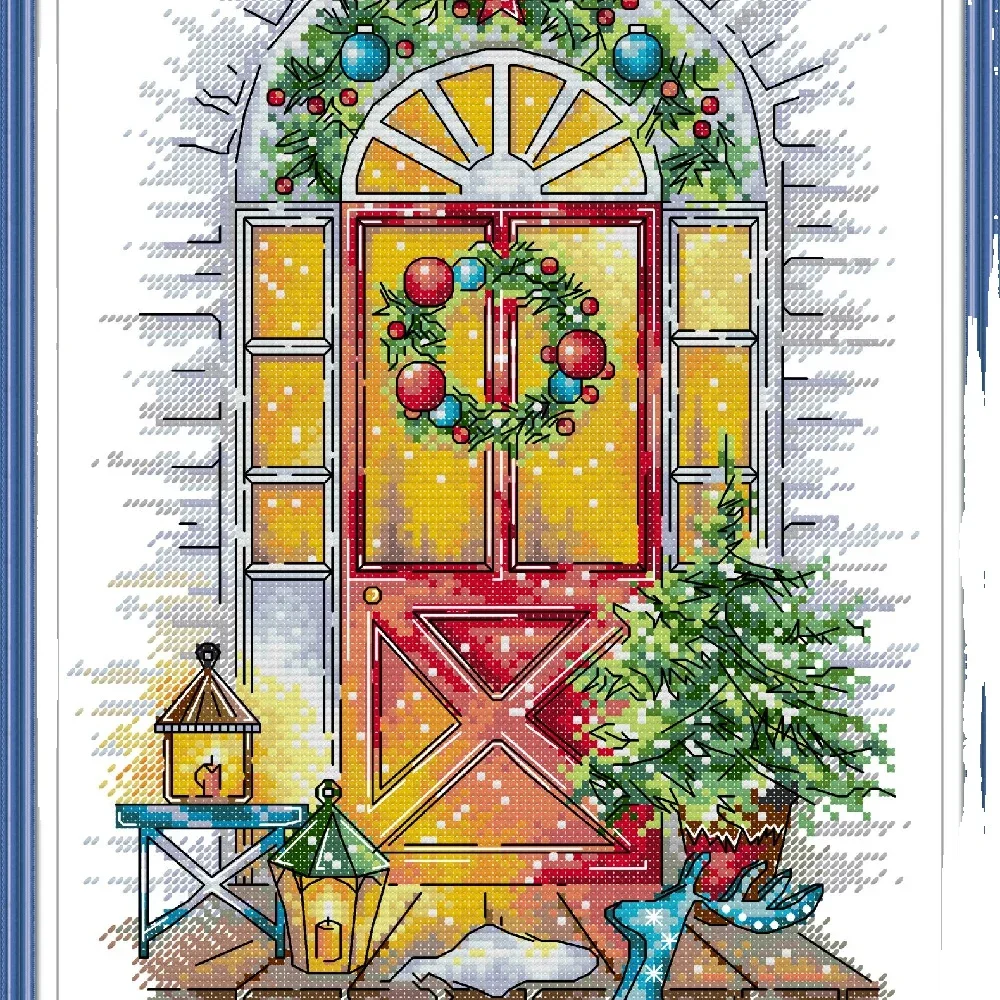 

Joy Sunday Pre-printed Cross Stitch Kit DIY Easy Pattern Aida 14/11CT Stamped Fabric Embroidery Set-Door of Winter