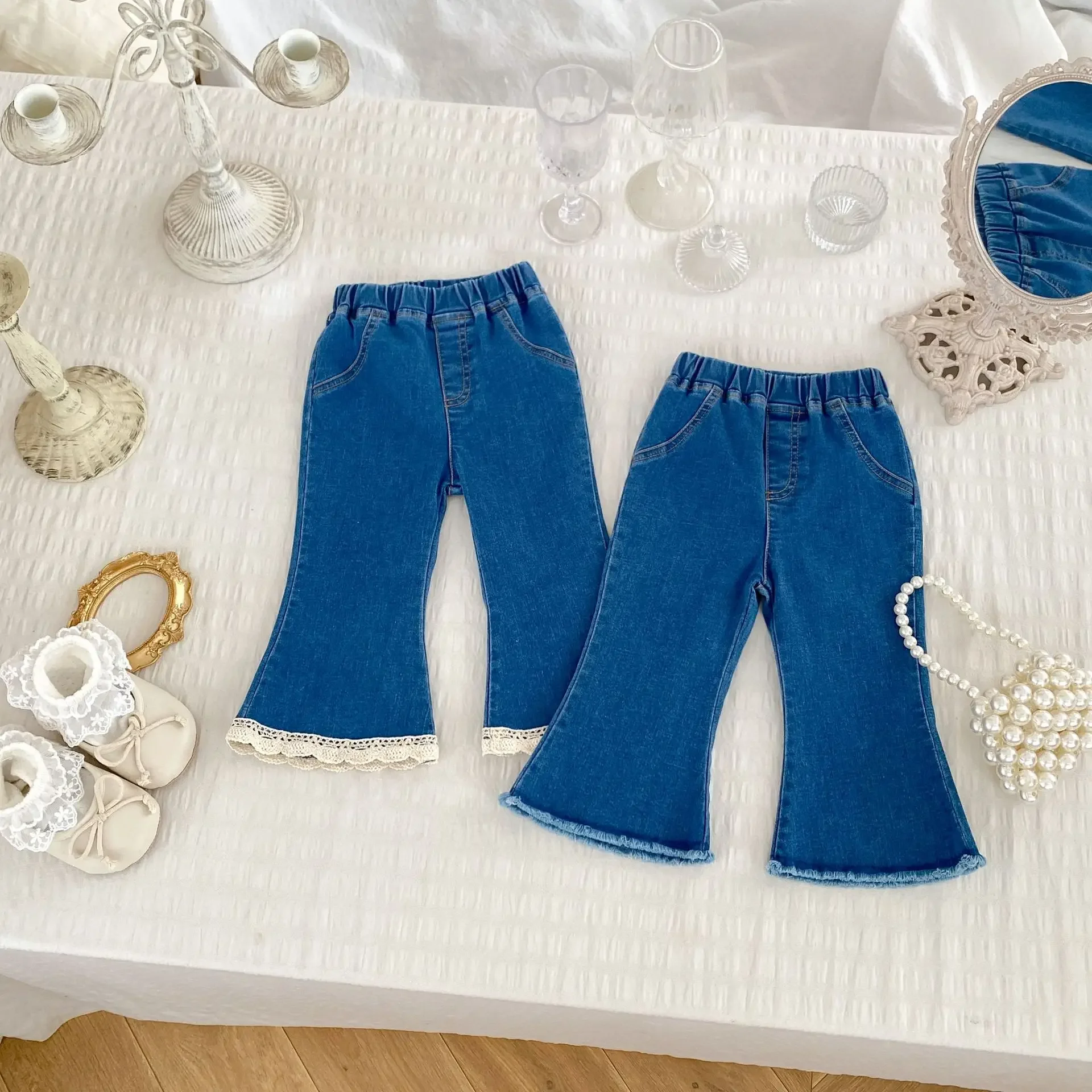 Baby Clothing 2024 Autumn Kids Pants Girls Simple Slim-fit Flare Casual All Match Casual Simple Baby Fashionable Denim Pants