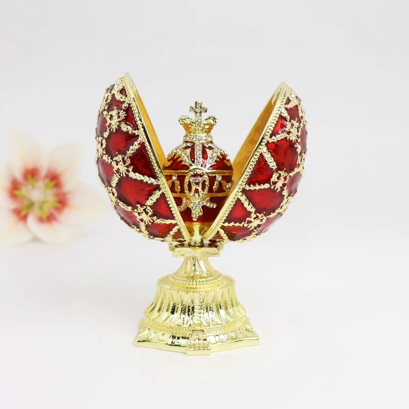 SHINNYGIFTS Enamelled Egg Shaped Jewelry Boxes Hand Painted Luxurious Trinket Boxes with Hinged Easter Decor Gifts for Family