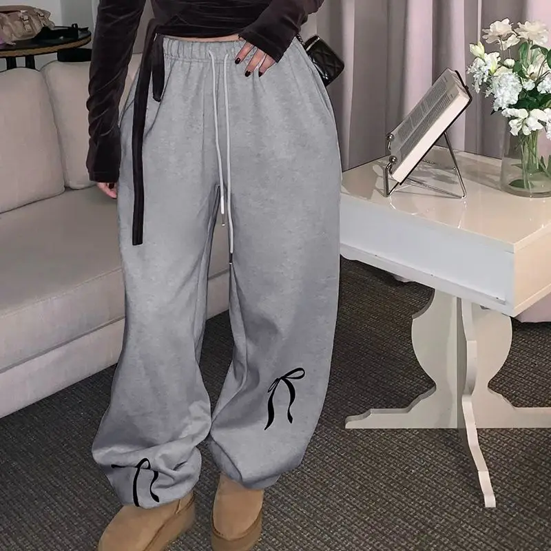 Trousers High Quality Bow Print Korean All-Match Women Spring Autumn New Sweatpants Y2k Elastic Waist Jogger Pants