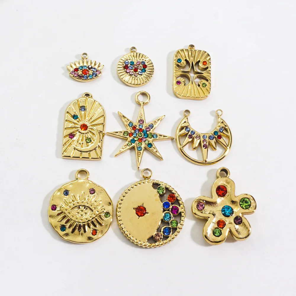 3Pcs Stainless Steel Multicolour Flowers Stars Moon Charms Small Pendant With Zircon DIY Jewelry Necklaces Accessory