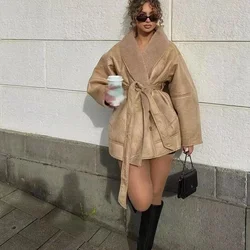 Women's Clothing Autumn Winter New Fashion Faux Cashmere Leather Fur Collar Sashes Parka Coat Jackets