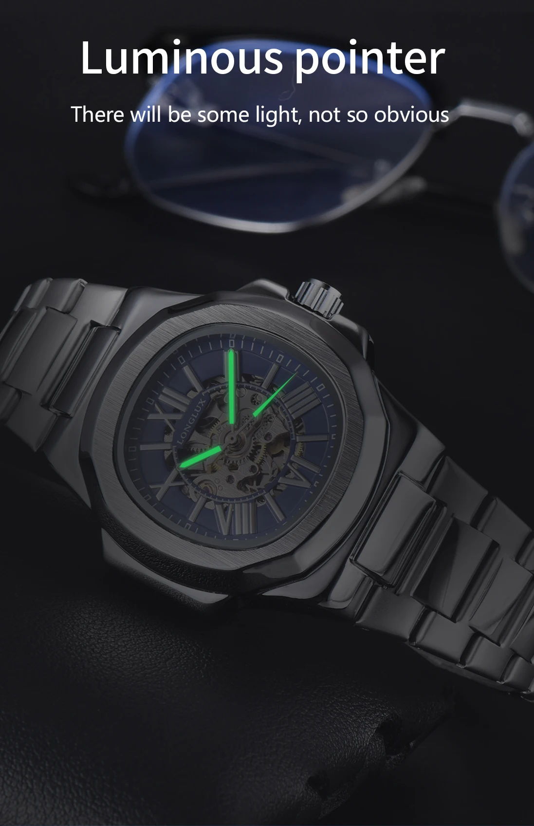 LONGLUX HOT SALE NEW Automatic Mechanical Men Watch Rome Business Waterproof Skeleton Luminous Stainless Steel Gift Watch