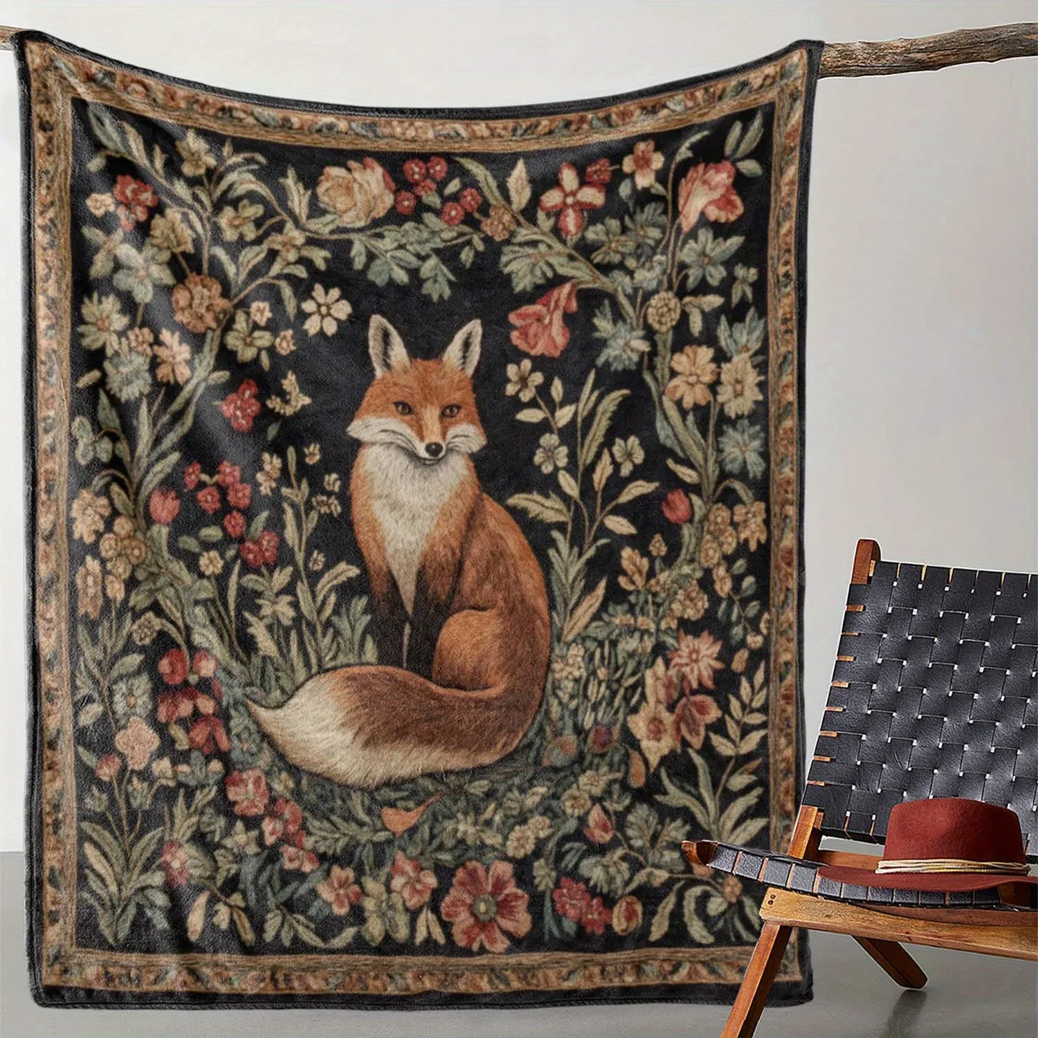 Florl Fox Flnnel Blnket - Soft All-Seson Throw for Sof/Bed/Trvel, Whimsicl Animl Print Gift, Cozy Home & Office Decor