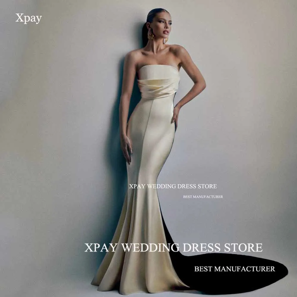 

XPAY Luxury Silk Satin Mermaid Evening Dresses Strapless Pleats Ruffles Formal Occasion Dress Custom Made Wedding Party Gown