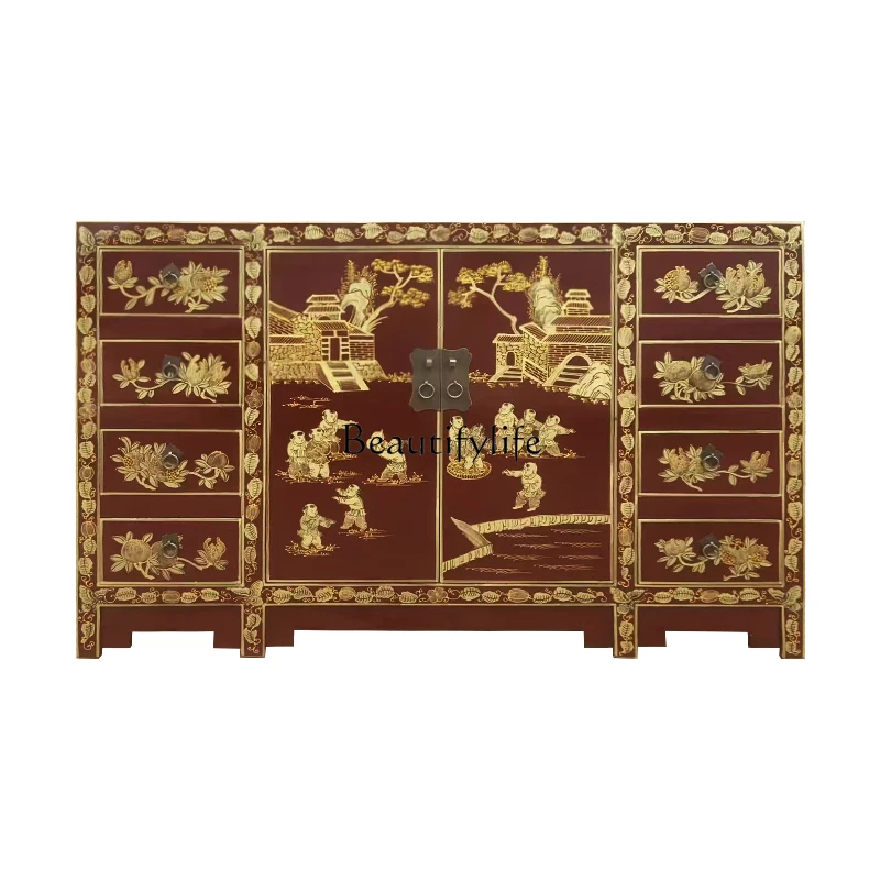 

New Chinese-style painted gold antique entrance cabinet, living room storage retro partition cabinet