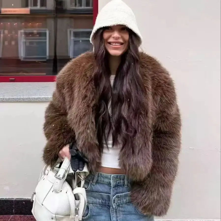 Women Short Faux Fur Coat Round Neck Open Front Fluffy Shaggy Cropped Jacket Winter Oversized Outerwear Streetwear